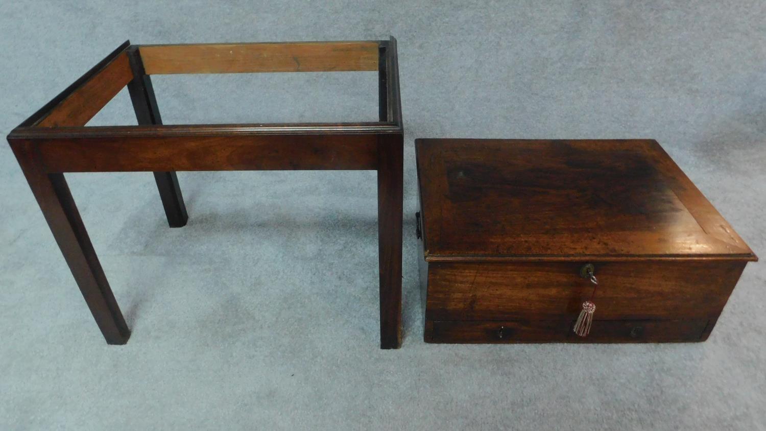 A Georgian mahogany box on stand with brass hinged lid, fitted two frieze drawers. H.76 W.46 D.75 ( - Image 5 of 7