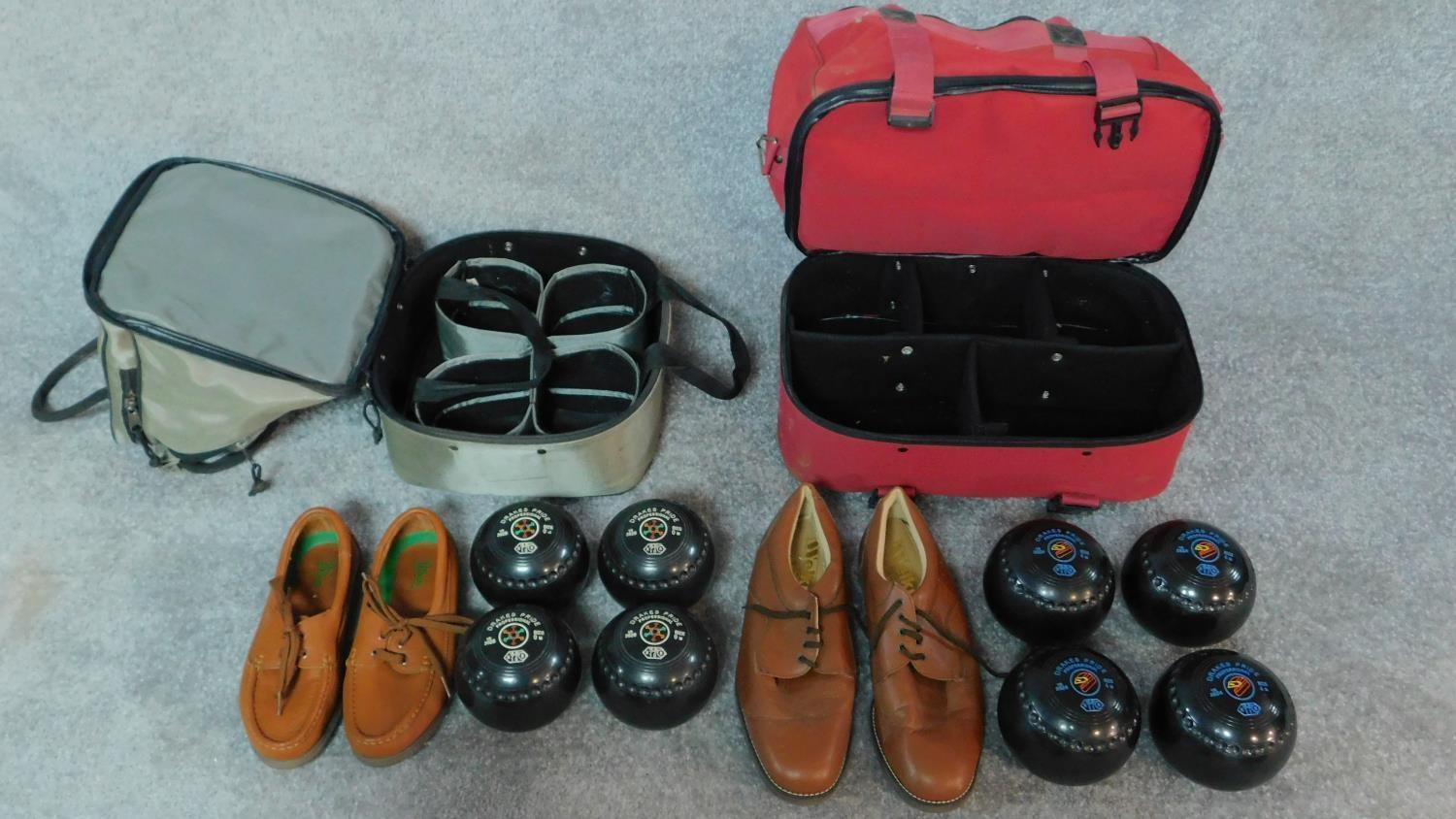 Two modern cased bowls sets with shoes.