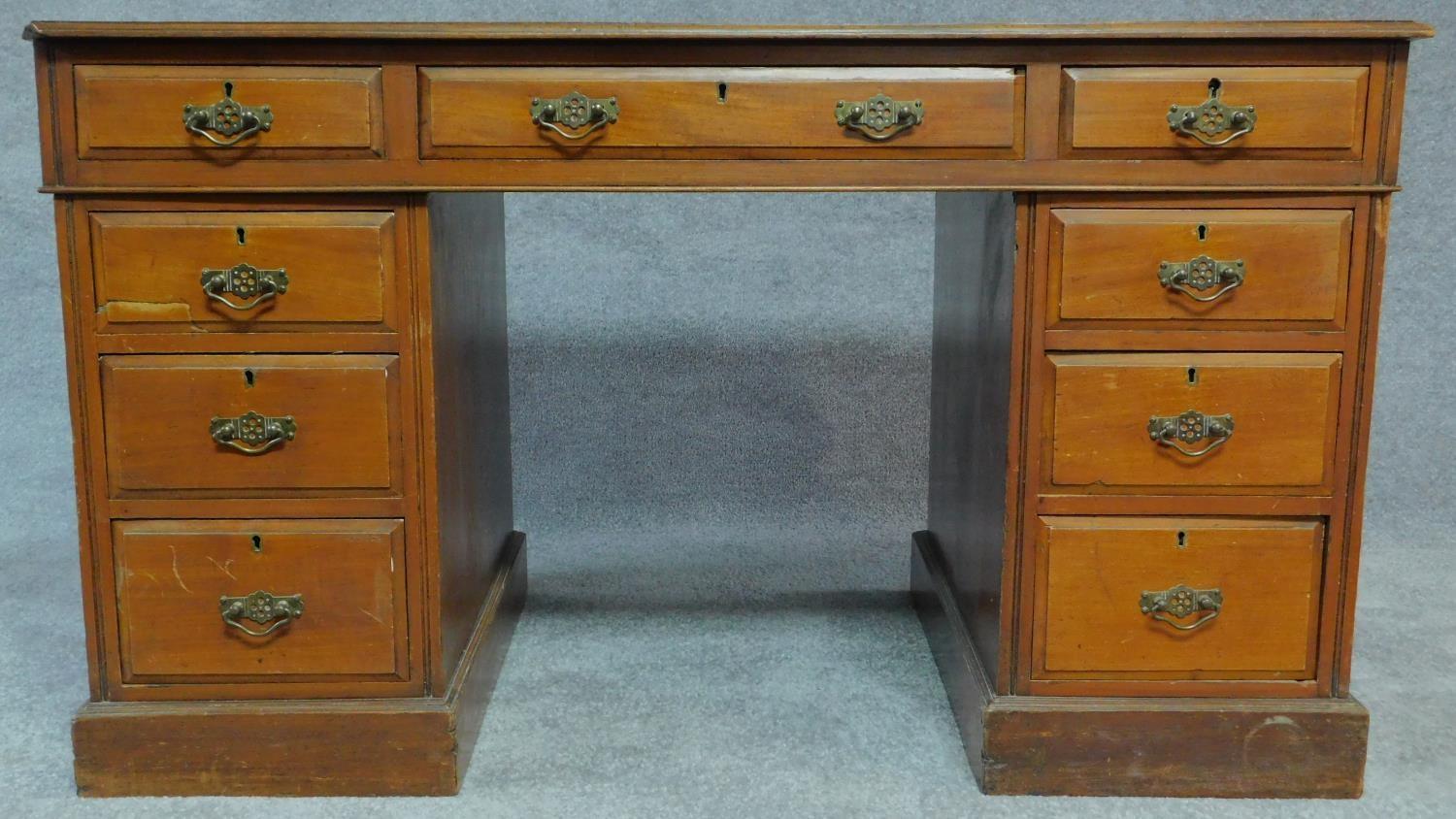 A late Victorian walnut three section pedestal desk with original inset leather top fitted - Image 2 of 9