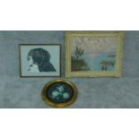 A gilt framed oval oil on board, flowers, an oil on canvas lake scene and and a pastel portrait of a