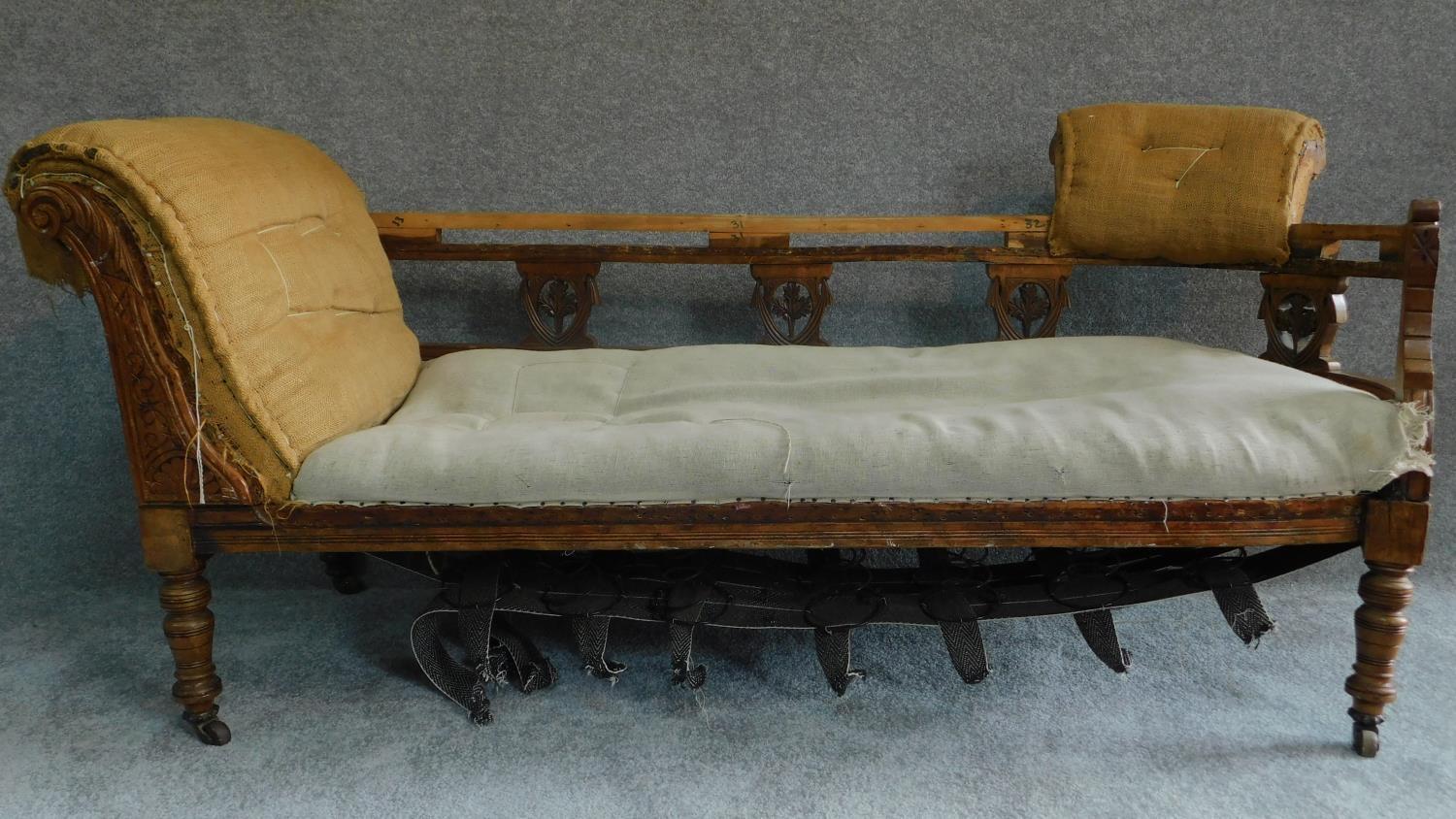 A late Victorian carved beech chaise longue frame. H.74 W.164 D.62cm - Image 2 of 7