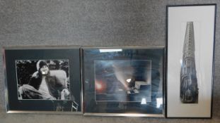 Three framed photographs, Jamie Cullum, Damon Gough and the Flatiron building. 49x57cm (largest)