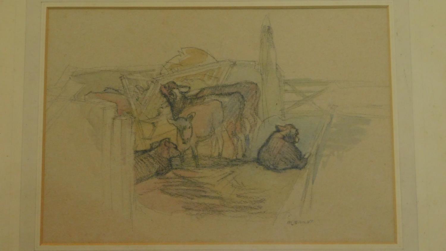 A framed and glazed pastel and watercolour sketch, cows in a farmyard, signed Ivy Bailey, gallery - Image 2 of 4