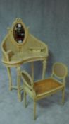 A painted French style marble topped dressing table and matching stool, each carved and caned. (