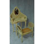 A painted French style marble topped dressing table and matching stool, each carved and caned. (