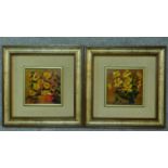 A pair of framed oils on board, still life flowers, monogrammed. 45x45cm (some paint flaking)