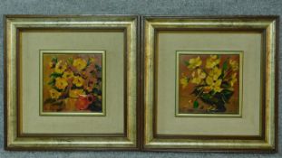 A pair of framed oils on board, still life flowers, monogrammed. 45x45cm (some paint flaking)