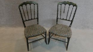 A pair of 19th century ebonised and painted bedroom chairs. H.82cm