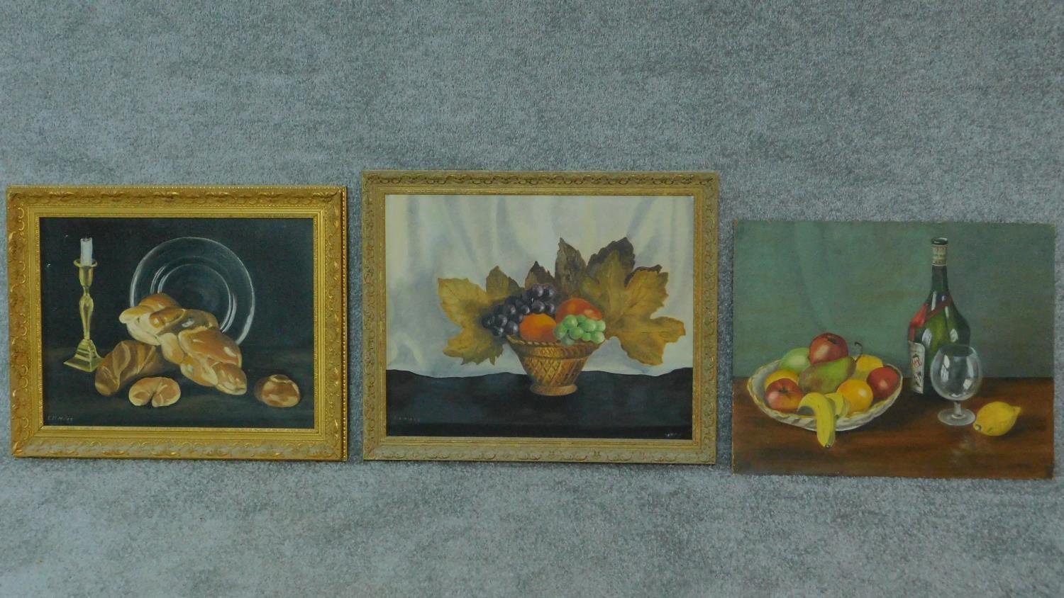 A collection of three oils on board, still life. 57x46cm