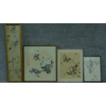 A collection of four framed and glazed Chinese silk embroderies and paintings on silk; flowers.