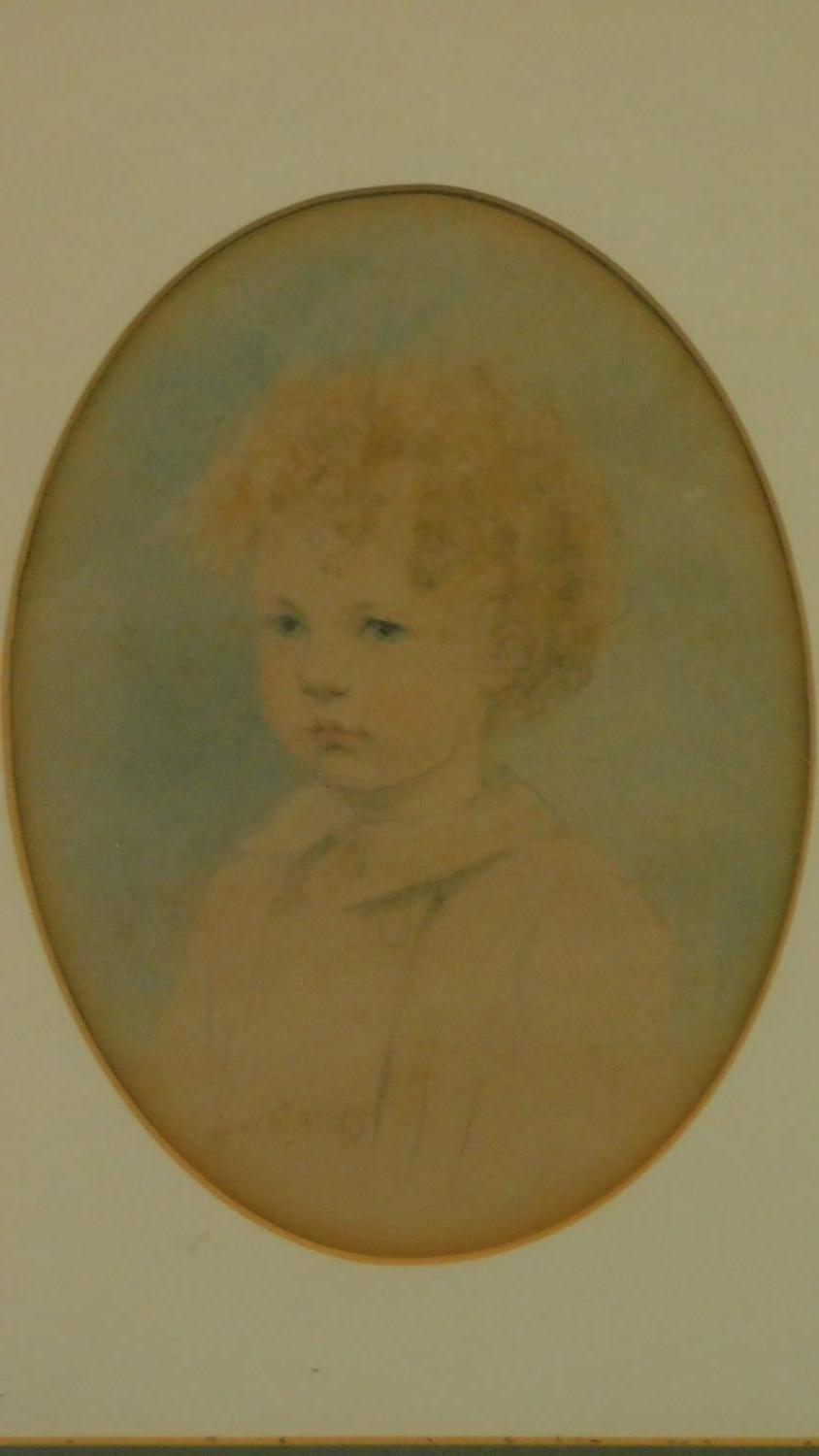 A gilt framed and glazed watercolour sketch of a young child set in oval mount. 43x36cm - Image 2 of 3