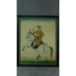 A framed Indian equestrian painting on silk, horseman on Rajasthan Marwari. h118x96cm