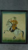 A framed Indian equestrian painting on silk, horseman on Rajasthan Marwari. h118x96cm