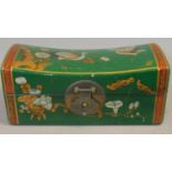 A green painted and lacquered Chinese box with floral motifs. H.12 W.28 D.11.5cm