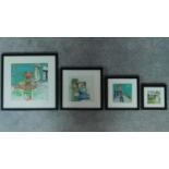 Four framed and glazed collages by Sabine Papy, artist gallery label verso. 47x47cm
