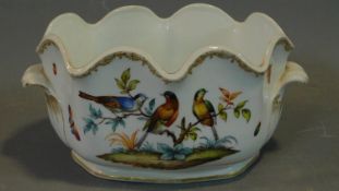 A Meissen style porcelain vase, hand painted with bird decoration. 14x18cm