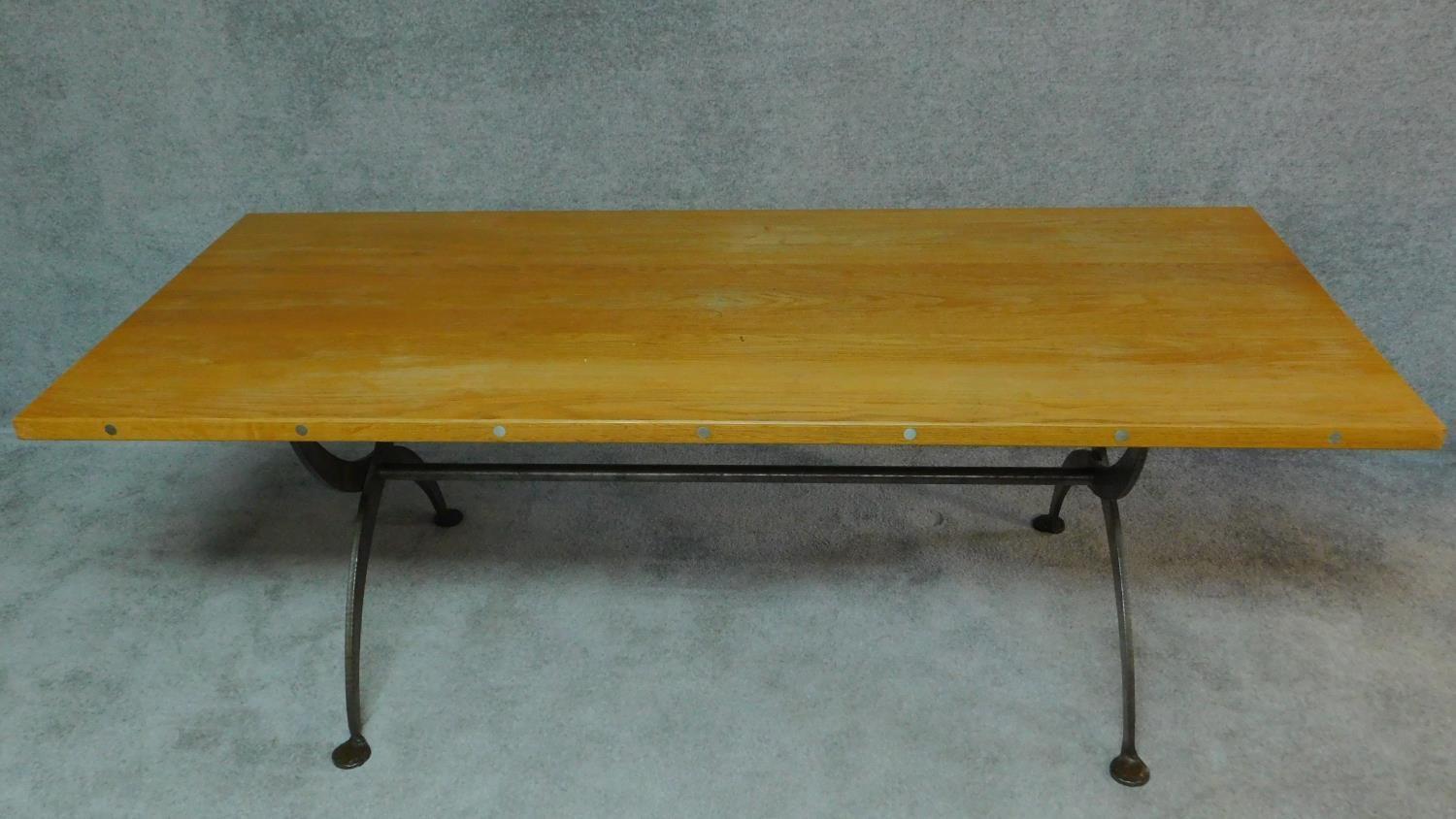 An oak topped refectory dining table on metal x frame support. H.74 W.209 D.90cm - Image 2 of 6