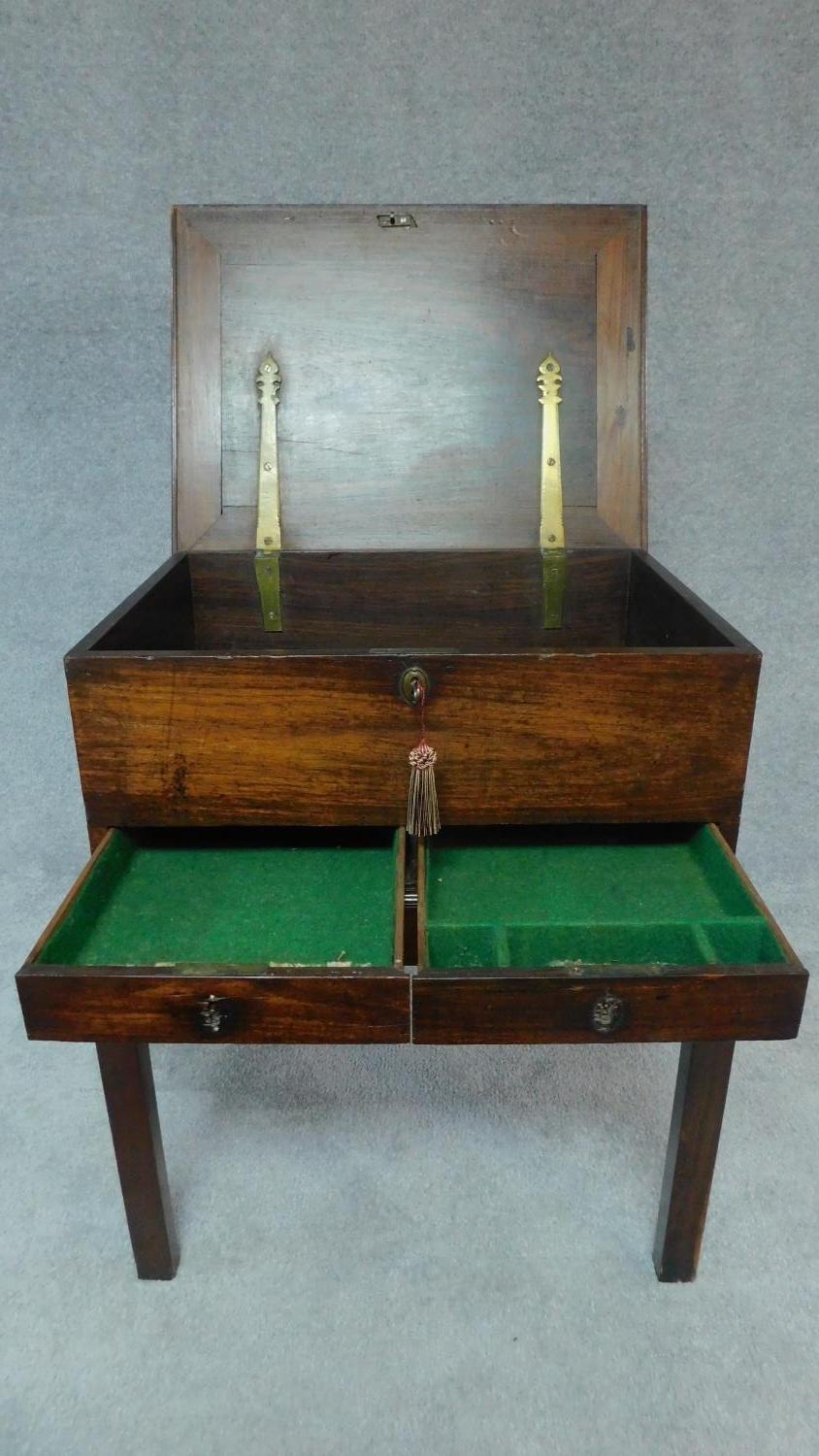 A Georgian mahogany box on stand with brass hinged lid, fitted two frieze drawers. H.76 W.46 D.75 ( - Image 6 of 7