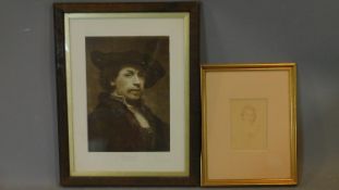 A late 19th century glazed and framed print, Rembrandt and a framed and glazed print, inscription
