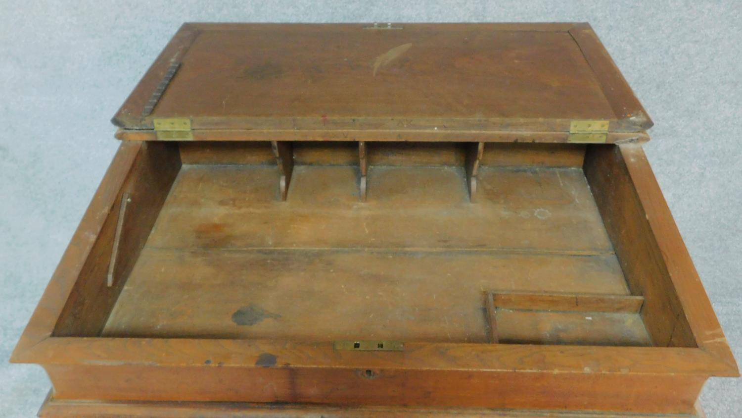 An unusual Victorian oak and mahogany Gothic style pedestal desk. H.74 W.93 D.68cm - Image 3 of 6