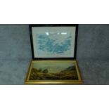 A large framed and glazed print, Japanese islands and a reproduction of a Highland Scene. 78x100 (