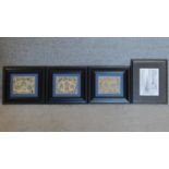 A set of three framed and glazed prints and a signed lithograph of Wall street. 28x23cm