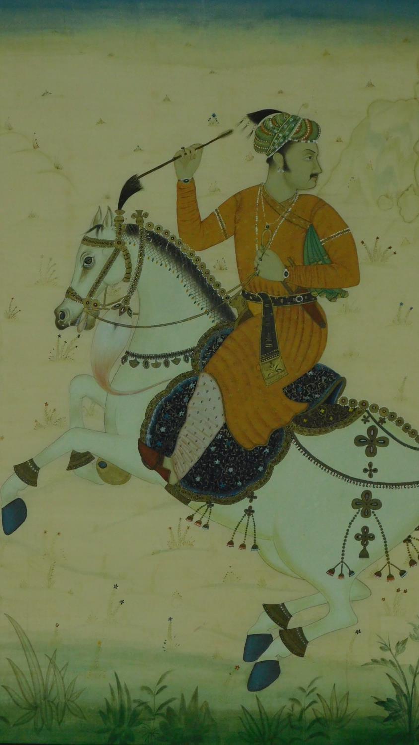 A framed Indian equestrian painting on silk, horseman on Rajasthan Marwari. h118x96cm - Image 2 of 8