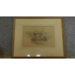 A framed and glazed pastel and watercolour sketch, cows in a farmyard, signed Ivy Bailey, gallery