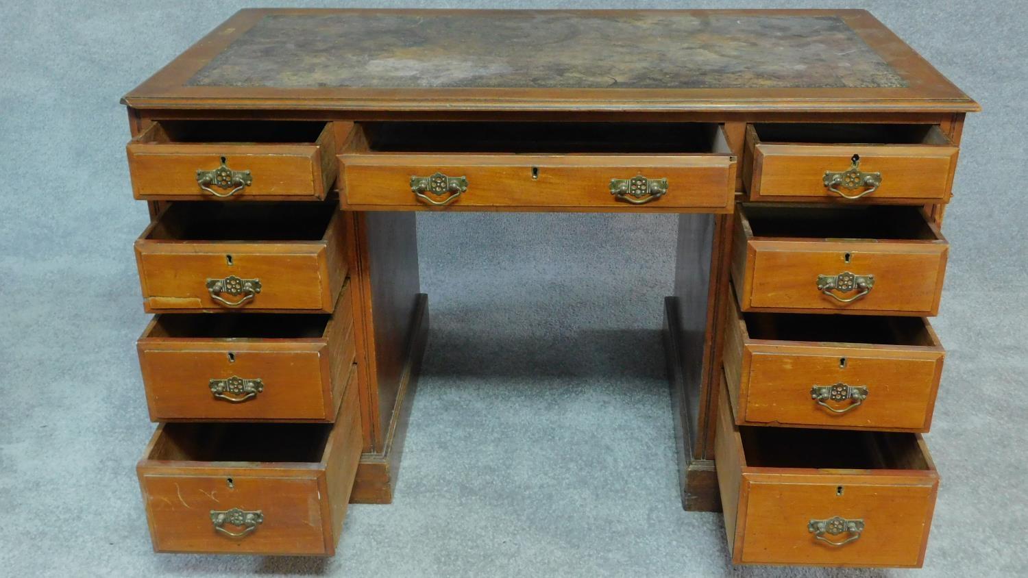 A late Victorian walnut three section pedestal desk with original inset leather top fitted - Image 3 of 9