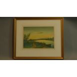 A framed and glazed watercolour, sheep on a path and boat in a riverscape, indistinctly signed.
