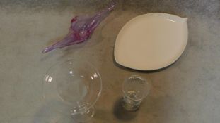 An Art glass bowl, two glass vases and a large ceramic platter. H.44cm (tallest)