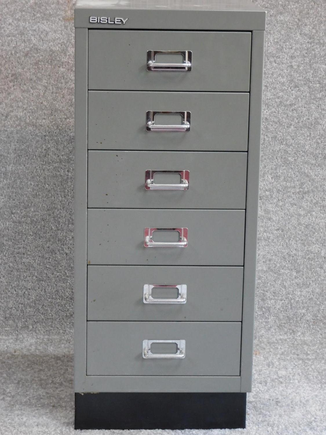 A small metal Bisley specimen filing cabinet of six drawers. H.68 W.28 D.41cm