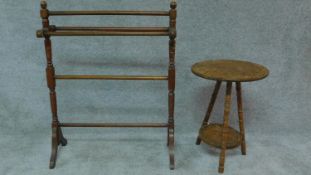 A Victorian oak towel rail and a 19th century circular occasional table. H.88 W.69 D.31 (rail)