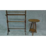 A Victorian oak towel rail and a 19th century circular occasional table. H.88 W.69 D.31 (rail)