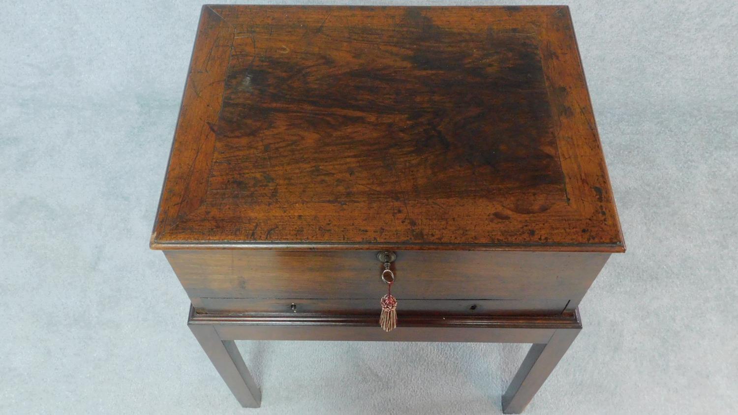 A Georgian mahogany box on stand with brass hinged lid, fitted two frieze drawers. H.76 W.46 D.75 ( - Image 4 of 7