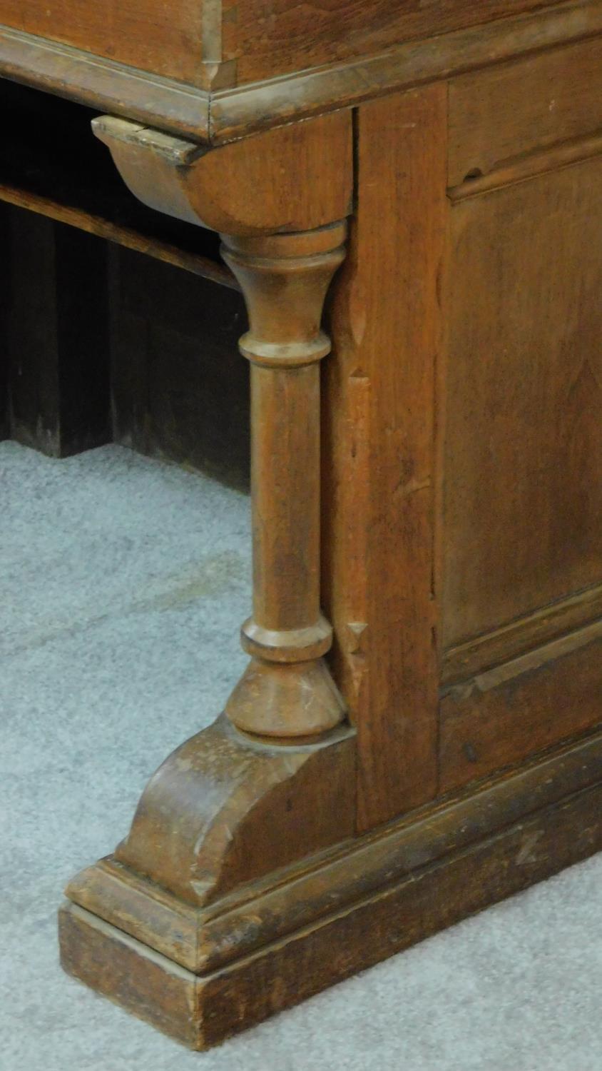 An unusual Victorian oak and mahogany Gothic style pedestal desk. H.74 W.93 D.68cm - Image 6 of 6