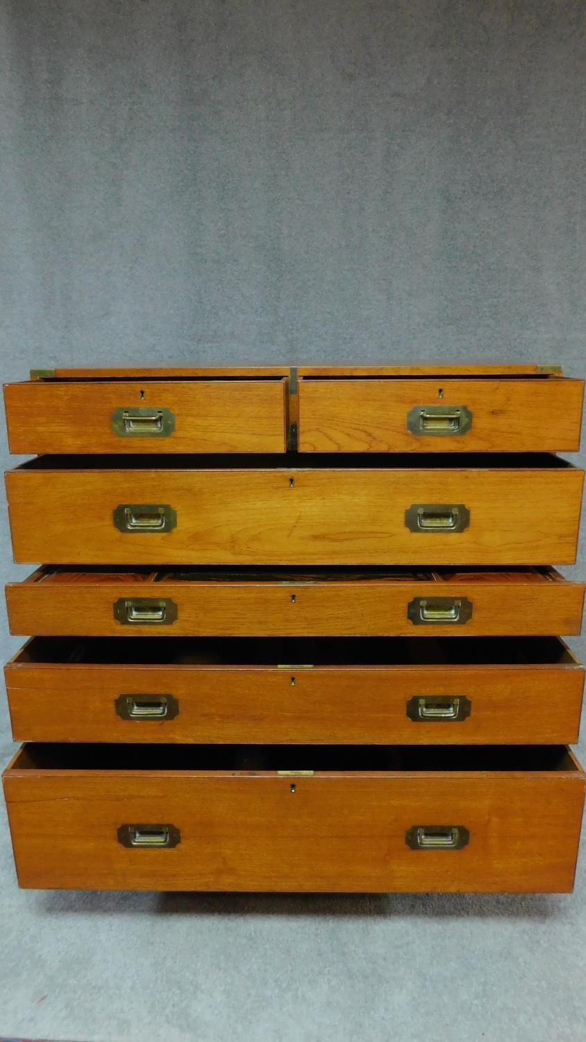 An early 19th century teak brass bound two section military campaign chest with brass inset - Image 2 of 14