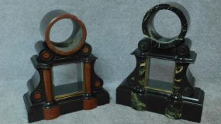 Two Victorian black slate and marble clock cases. H.50cm (tallest)