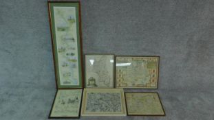 A miscellaneous collection of five framed and glazed maps and a coaching print. 106x35cm