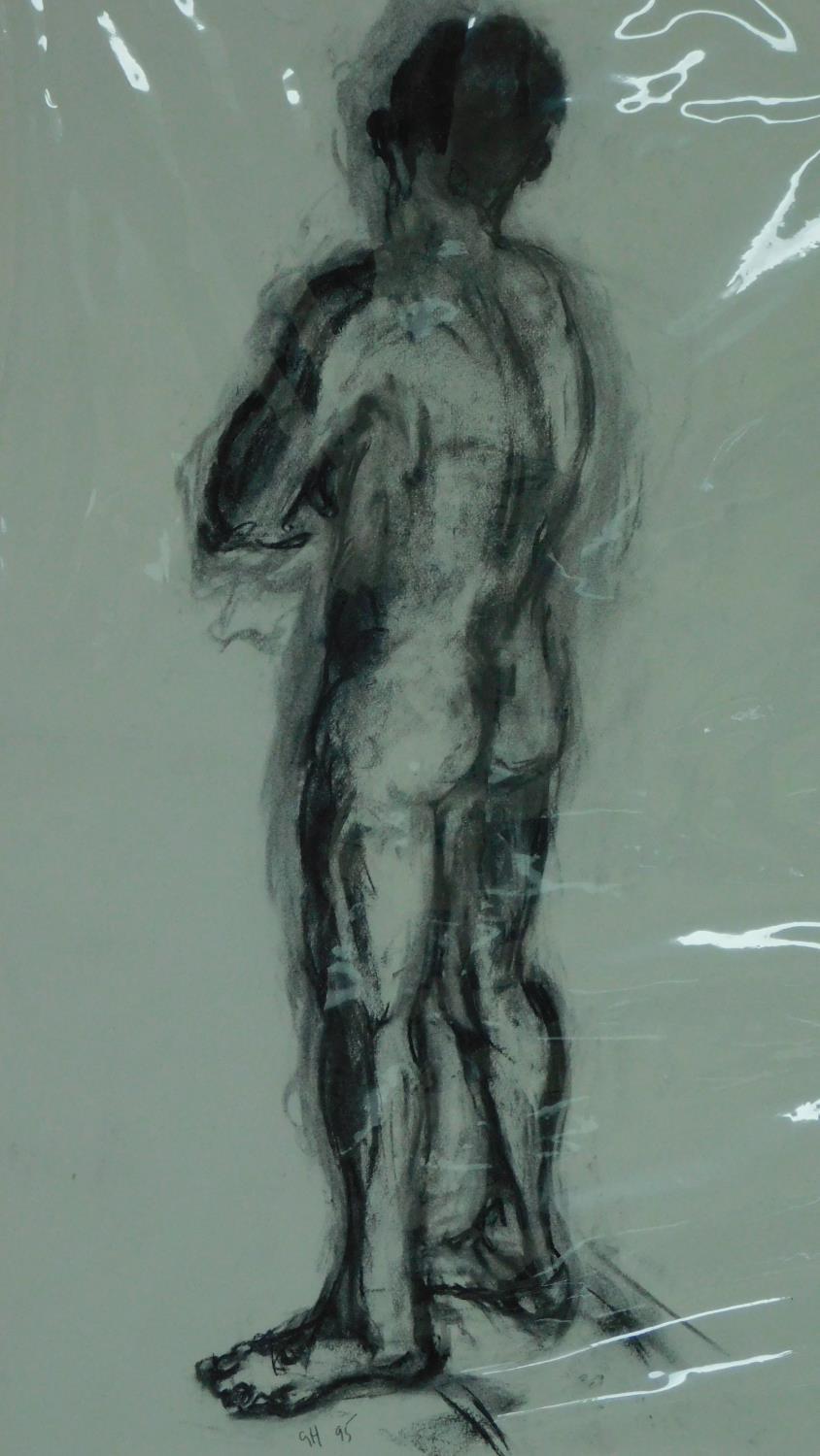 Three unframed mounted charcoal sketches, nude studies, monogrammed G H - 90x70cm (largest) - Image 4 of 5