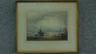 A 19th century framed and glazed print, sailing ships on beach. 54x45cm