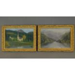 A pair of gilt framed oils on board, lake scenes. 29x21.5cm