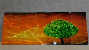 A set of five decorative lacquered panels, together depicting a green tree against an orange sky.