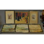 A pair of signed 19th century framed and glazed etchings, a set of three prints and an oil on board,