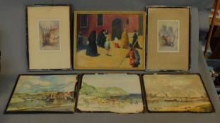 A pair of signed 19th century framed and glazed etchings, a set of three prints and an oil on board,