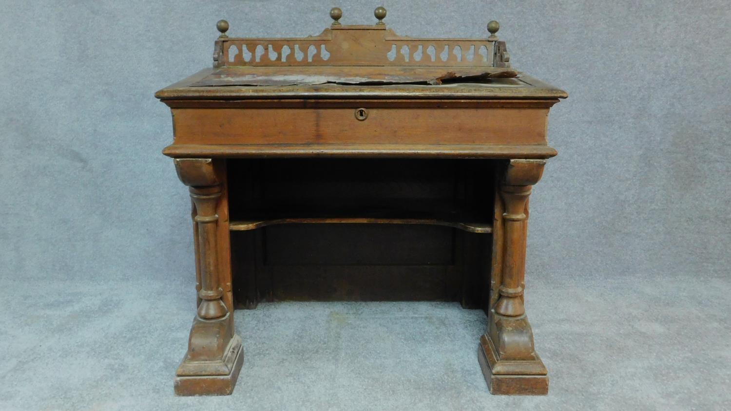 An unusual Victorian oak and mahogany Gothic style pedestal desk. H.74 W.93 D.68cm - Image 2 of 6