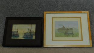 A framed and glazed watercolour, ships at sea and another similar. 49x39