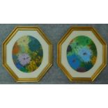 A pair of oils on board, flowers, in octagonal glazed frames. 49x44 (largest)