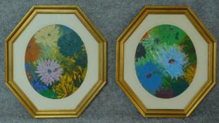 A pair of oils on board, flowers, in octagonal glazed frames. 49x44 (largest)