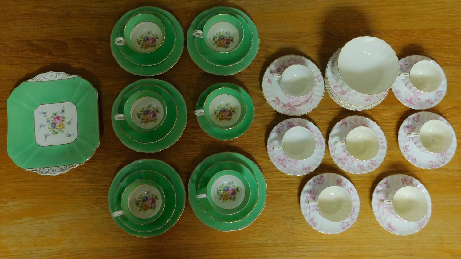 A green floral decorated tea set for six and a seven piece pink floral tea set. - Image 9 of 9
